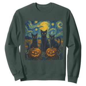 Cat Starry Night Sweatshirt Funny Cat Lover Gifts Halloween Van Gogh TS10 Dark Forest Green Print Your Wear