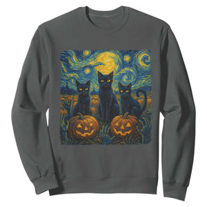 Cat Starry Night Sweatshirt Funny Cat Lover Gifts Halloween Van Gogh TS10 Dark Heather Print Your Wear