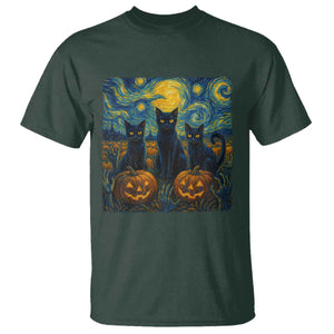 Cat Starry Night T Shirt Funny Cat Lover Gifts Halloween Van Gogh TS10 Dark Forest Green Print Your Wear