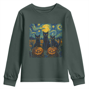 Cat Starry Night Youth Sweatshirt Funny Cat Lover Gifts Halloween Van Gogh TS10 Dark Forest Green Print Your Wear