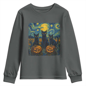 Cat Starry Night Youth Sweatshirt Funny Cat Lover Gifts Halloween Van Gogh TS10 Dark Heather Print Your Wear
