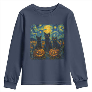 Cat Starry Night Youth Sweatshirt Funny Cat Lover Gifts Halloween Van Gogh TS10 Navy Print Your Wear