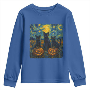 Cat Starry Night Youth Sweatshirt Funny Cat Lover Gifts Halloween Van Gogh TS10 Royal Blue Print Your Wear