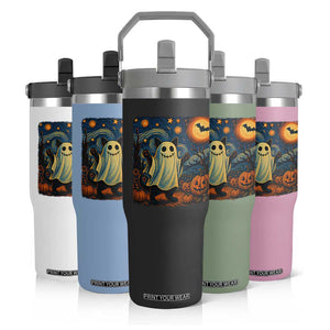 Funny Halloween Ghost Cat Flip Straw Tumbler Starry Night Van Gogh Cat Lover Gifts TS10 Print Your Wear
