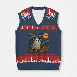 Funny Halloween Ghost Cat V-Neck Knit Sweater Vest Starry Night Van Gogh Cat Lover Gifts TS10 Navy Red Print Your Wear