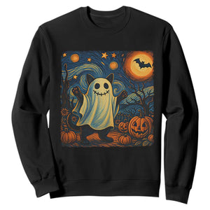 Funny Halloween Ghost Cat Sweatshirt Starry Night Van Gogh Cat Lover Gifts TS10 Black Print Your Wear