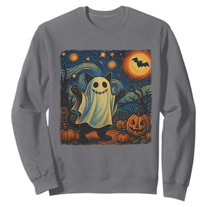 Funny Halloween Ghost Cat Sweatshirt Starry Night Van Gogh Cat Lover Gifts TS10 Charcoal Print Your Wear