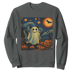 Funny Halloween Ghost Cat Sweatshirt Starry Night Van Gogh Cat Lover Gifts TS10 Dark Heather Print Your Wear
