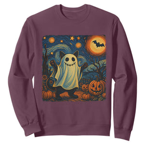 Funny Halloween Ghost Cat Sweatshirt Starry Night Van Gogh Cat Lover Gifts TS10 Maroon Print Your Wear