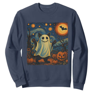 Funny Halloween Ghost Cat Sweatshirt Starry Night Van Gogh Cat Lover Gifts TS10 Navy Print Your Wear