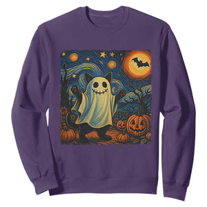 Funny Halloween Ghost Cat Sweatshirt Starry Night Van Gogh Cat Lover Gifts TS10 Purple Print Your Wear
