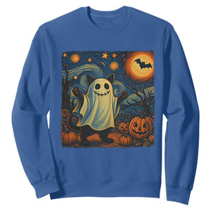 Funny Halloween Ghost Cat Sweatshirt Starry Night Van Gogh Cat Lover Gifts TS10 Royal Blue Print Your Wear