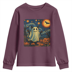 Funny Halloween Ghost Cat Youth Sweatshirt Starry Night Van Gogh Cat Lover Gifts TS10 Maroon Print Your Wear