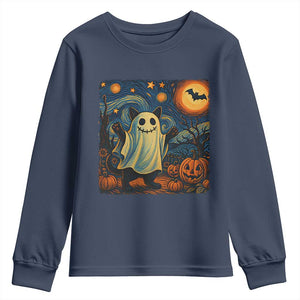 Funny Halloween Ghost Cat Youth Sweatshirt Starry Night Van Gogh Cat Lover Gifts TS10 Navy Print Your Wear