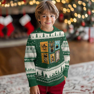 Black Cat Pumpkin Ugly Christmas Sweater Retro Halloween Ghots Cat Stamp TS10 Forest Green Beige Print Your Wear