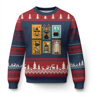 Black Cat Pumpkin Ugly Christmas Sweater Retro Halloween Ghots Cat Stamp TS10 Navy Red Print Your Wear