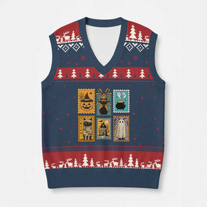 Black Cat Pumpkin V-Neck Knit Sweater Vest Retro Halloween Ghots Cat Stamp TS10 Navy Red Print Your Wear