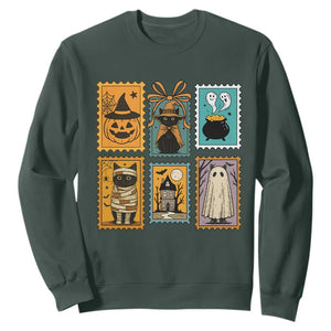 Black Cat Pumpkin Sweatshirt Retro Halloween Ghots Cat Stamp TS10 Dark Forest Green Print Your Wear