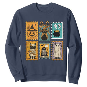 Black Cat Pumpkin Sweatshirt Retro Halloween Ghots Cat Stamp TS10 Navy Print Your Wear