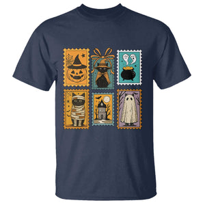 Black Cat Pumpkin T Shirt Retro Halloween Ghots Cat Stamp TS10 Navy Print Your Wear