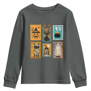 Black Cat Pumpkin Youth Sweatshirt Retro Halloween Ghots Cat Stamp TS10 Dark Heather Print Your Wear