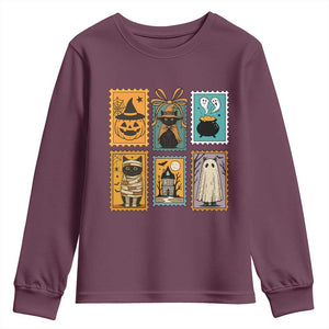 Black Cat Pumpkin Youth Sweatshirt Retro Halloween Ghots Cat Stamp TS10 Maroon Print Your Wear