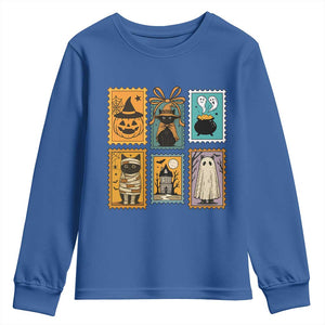 Black Cat Pumpkin Youth Sweatshirt Retro Halloween Ghots Cat Stamp TS10 Royal Blue Print Your Wear