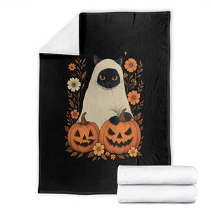 Vintage Halloween Ghost Cat Throw Blanket Groovy Floral Cute Black Cat Ghost Fall Pumpkin TS10 Black Print Your Wear