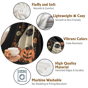 Vintage Halloween Ghost Cat Throw Blanket Groovy Floral Cute Black Cat Ghost Fall Pumpkin TS10 Print Your Wear