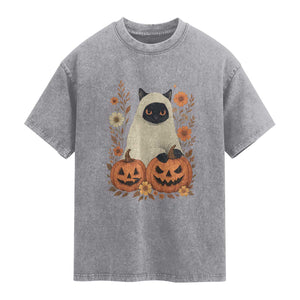 Vintage Halloween Ghost Cat Washed Cotton T-Shirt Groovy Floral Cute Black Cat Ghost Fall Pumpkin