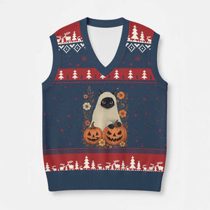 Vintage Halloween Ghost Cat V-Neck Knit Sweater Vest Groovy Floral Cute Black Cat Ghost Fall Pumpkin TS10 Navy Red Print Your Wear