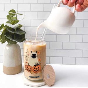 Vintage Halloween Ghost Cat Glass Can Groovy Floral Cute Black Cat Ghost Fall Pumpkin TS10 Print Your Wear
