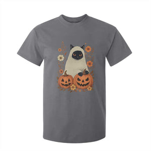 Vintage Halloween Ghost Cat T Shirt For Kid Groovy Floral Cute Black Cat Ghost Fall Pumpkin TS10 Charcoal Print Your Wear