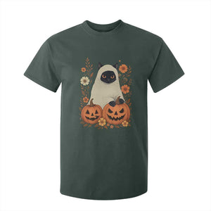 Vintage Halloween Ghost Cat T Shirt For Kid Groovy Floral Cute Black Cat Ghost Fall Pumpkin TS10 Dark Forest Green Print Your Wear