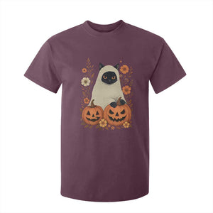 Vintage Halloween Ghost Cat T Shirt For Kid Groovy Floral Cute Black Cat Ghost Fall Pumpkin TS10 Maroon Print Your Wear