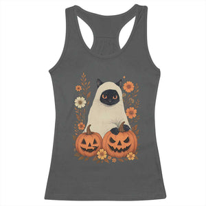 Vintage Halloween Ghost Cat Racerback Tank Top Groovy Floral Cute Black Cat Ghost Fall Pumpkin TS10 Dark Heather Print Your Wear