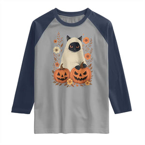 Vintage Halloween Ghost Cat Raglan Shirt Groovy Floral Cute Black Cat Ghost Fall Pumpkin TS10 Sport Gray Navy Print Your Wear