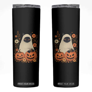 Vintage Halloween Ghost Cat Skinny Tumbler Groovy Floral Cute Black Cat Ghost Fall Pumpkin TS10 Black Print Your Wear