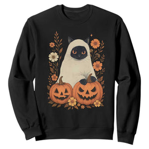 Vintage Halloween Ghost Cat Sweatshirt Groovy Floral Cute Black Cat Ghost Fall Pumpkin TS10 Black Print Your Wear