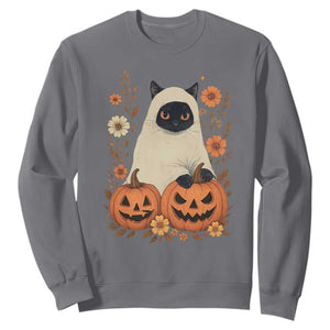 Vintage Halloween Ghost Cat Sweatshirt Groovy Floral Cute Black Cat Ghost Fall Pumpkin TS10 Charcoal Print Your Wear