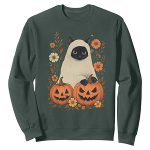 Vintage Halloween Ghost Cat Sweatshirt Groovy Floral Cute Black Cat Ghost Fall Pumpkin TS10 Dark Forest Green Print Your Wear