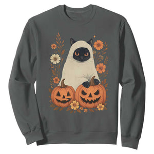 Vintage Halloween Ghost Cat Sweatshirt Groovy Floral Cute Black Cat Ghost Fall Pumpkin TS10 Dark Heather Print Your Wear