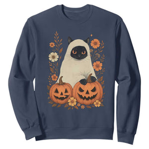 Vintage Halloween Ghost Cat Sweatshirt Groovy Floral Cute Black Cat Ghost Fall Pumpkin TS10 Navy Print Your Wear