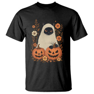 Vintage Halloween Ghost Cat T Shirt Groovy Floral Cute Black Cat Ghost Fall Pumpkin TS10 Black Print Your Wear