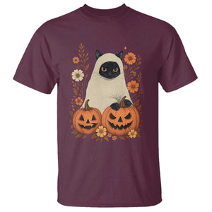 Vintage Halloween Ghost Cat T Shirt Groovy Floral Cute Black Cat Ghost Fall Pumpkin TS10 Maroon Print Your Wear