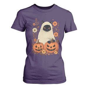Vintage Halloween Ghost Cat T Shirt For Women Groovy Floral Cute Black Cat Ghost Fall Pumpkin TS10 Purple Print Your Wear