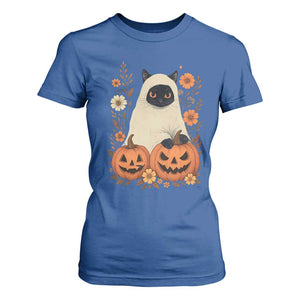 Vintage Halloween Ghost Cat T Shirt For Women Groovy Floral Cute Black Cat Ghost Fall Pumpkin TS10 Royal Blue Print Your Wear
