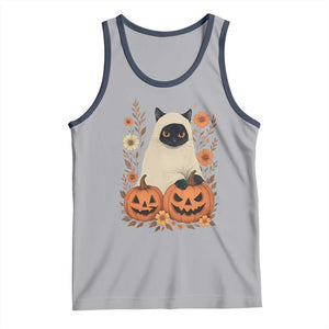 Vintage Halloween Ghost Cat Tank Top Groovy Floral Cute Black Cat Ghost Fall Pumpkin TS10 Athletic Heather Navy Print Your Wear