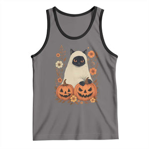 Vintage Halloween Ghost Cat Tank Top Groovy Floral Cute Black Cat Ghost Fall Pumpkin TS10 Deep Heather Black Print Your Wear