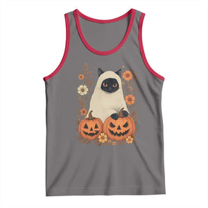 Vintage Halloween Ghost Cat Tank Top Groovy Floral Cute Black Cat Ghost Fall Pumpkin TS10 Deep Heather Red Print Your Wear